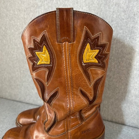 FRYE Sabrina Floral Inlay Campus Boots Brown Leather Western Womens Size 8B Vntg - Picture 12 of 16